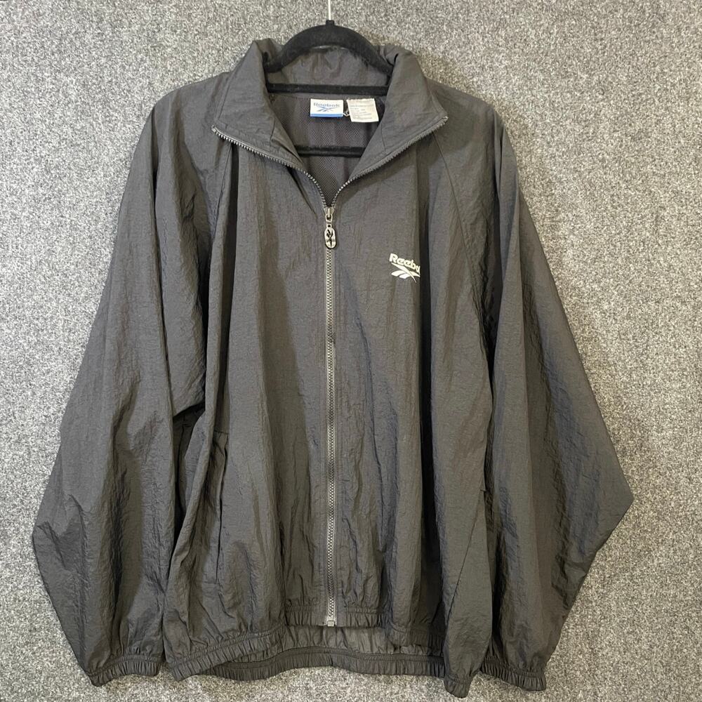 Vintage Reebok Windbreaker Jacket M Black Nylon Zip Up Logo Spell Out 90s Y2K